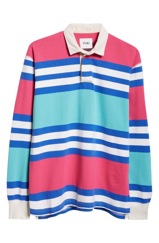 Shop Drake's Stripe Long Sleeve Rugby Shirt In Pink Green And Blue