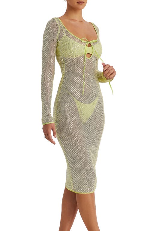 Mistress Rocks Long Sleeve Sequin Mesh Midi Dress, Bra & Panties Set In Lime
