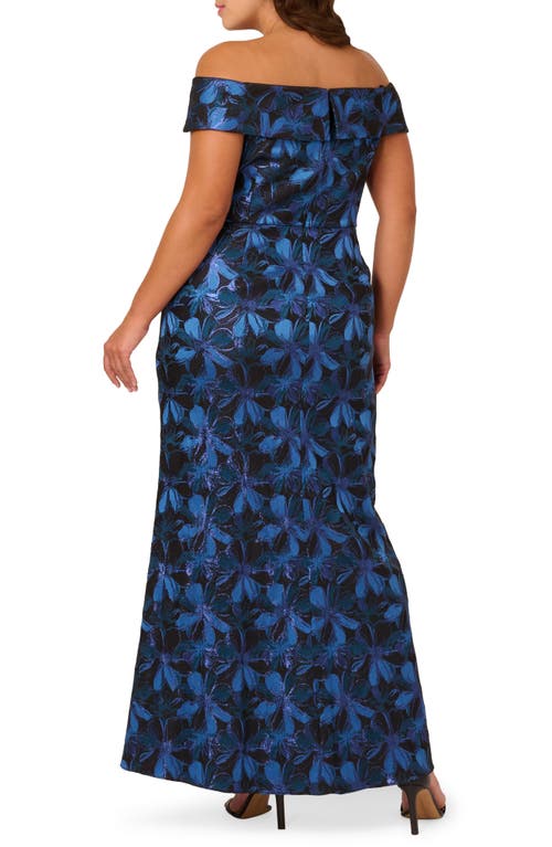 Shop Adrianna Papell Metallic Floral Jacquard Off The Shoulder Gown In Blue Multi