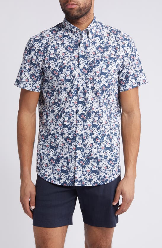 Shop Nordstrom Trim Fit Floral Short Sleeve Stretch Cotton & Linen Button-down Shirt In Navy- White Ditsy Field
