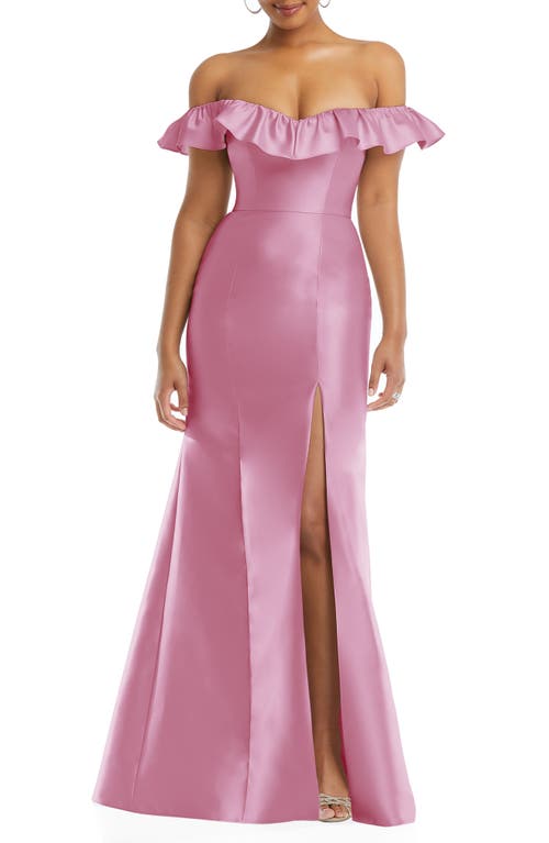 Off the Shoulder Ruffle Satin Trumpet Gown in Powder Pink