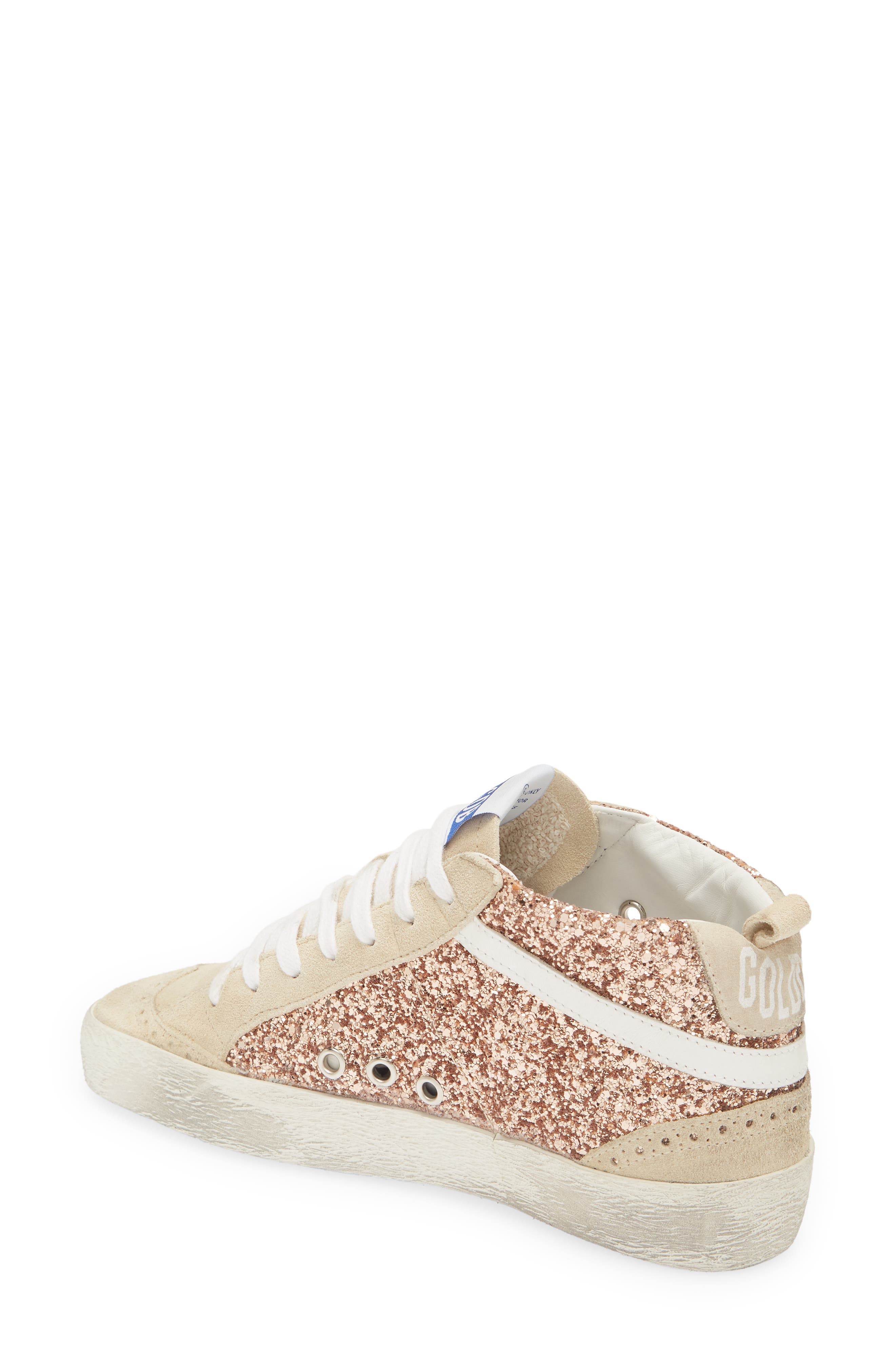 golden goose mid star distressed glittered leather and suede sneakers