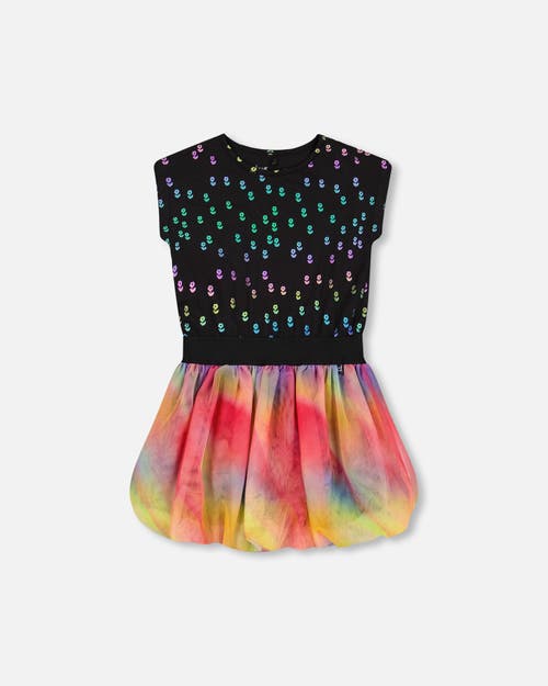Deux Par Deux Girl's Bi-Material Dress With Rainbow Mesh Bubble Skirt in Black With Metallic Flower at Nordstrom