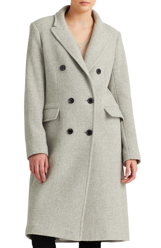 Lauren Ralph Lauren Double Breasted Wool Blend Maxi Coat In Light Grey