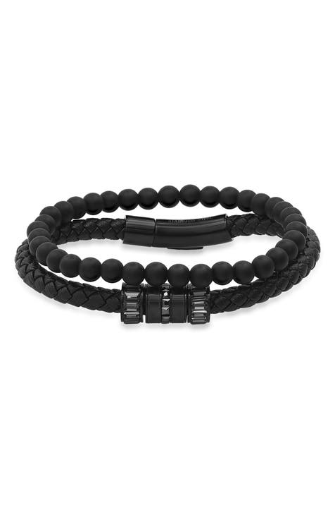 Jewellbox - Black Bracelet for Men, Adjustable Leather Wristband for Men  21-22.5 cm - Pulseras para Hombres