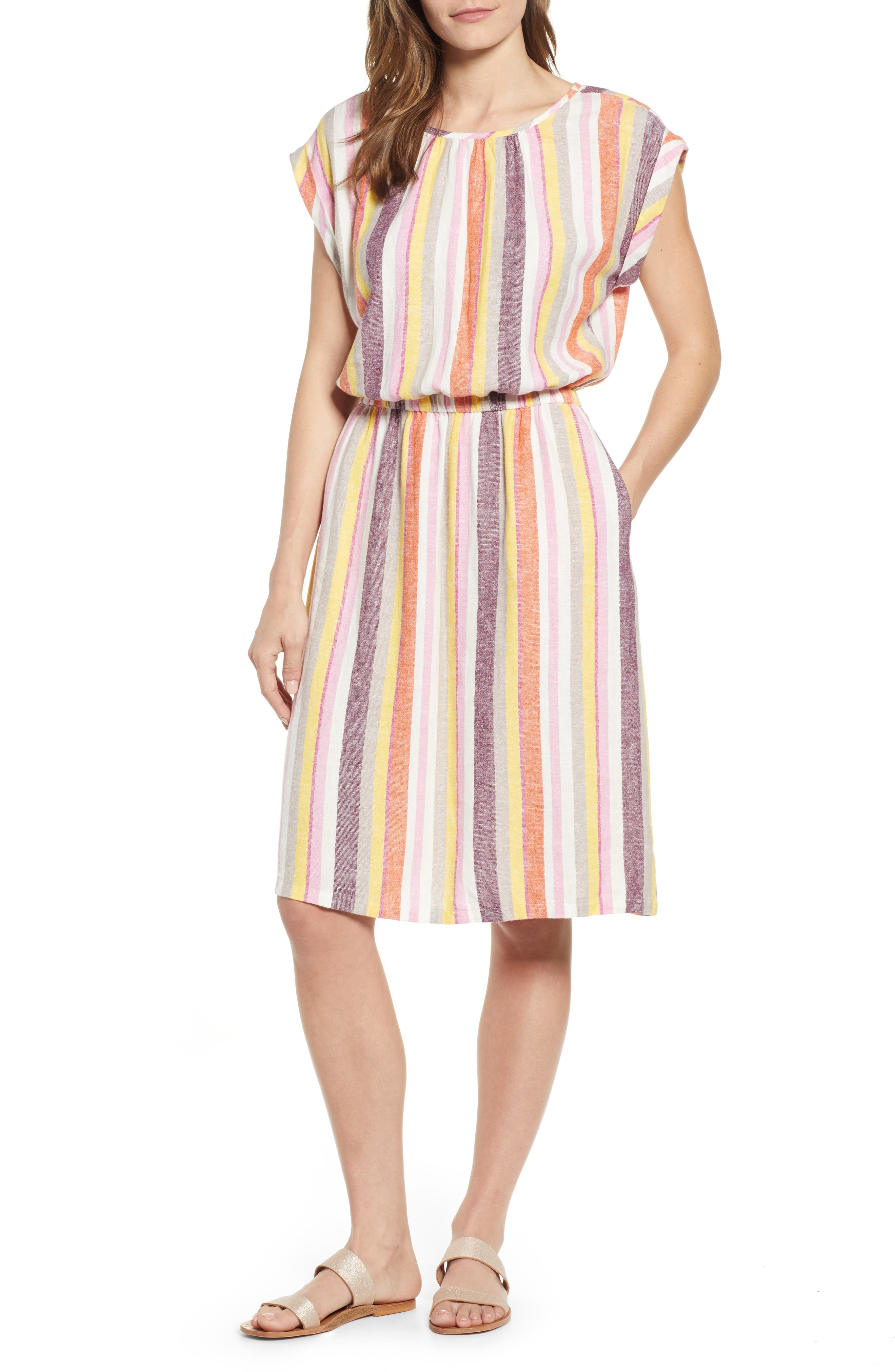 Petite Caslon Stripe Linen Dress, Pink