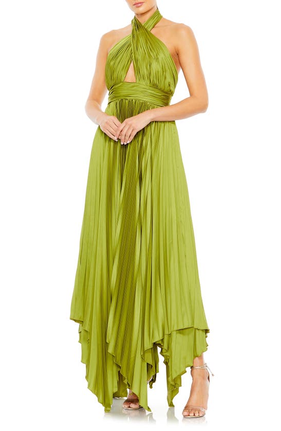 Shop Mac Duggal Pleated Satin Halter Gown In Apple Green