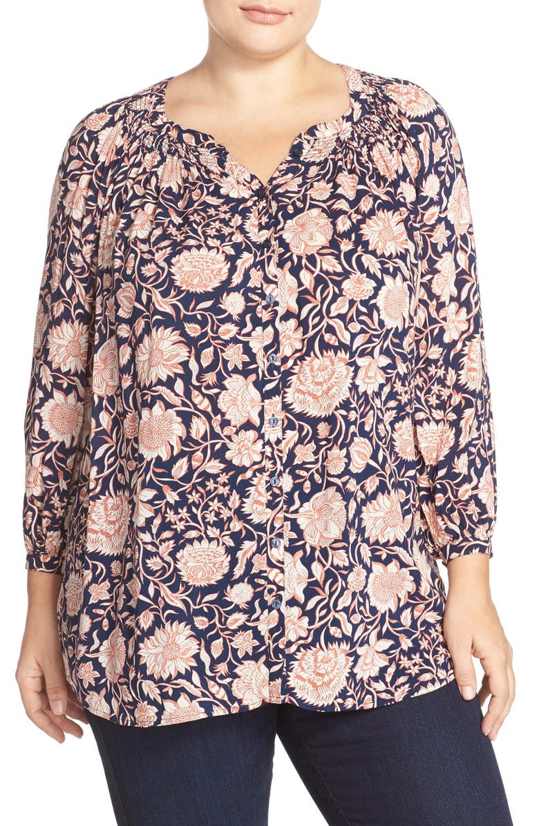 Lucky Brand 'Jemma' Print Smocked Peasant Top (Plus Size) | Nordstrom