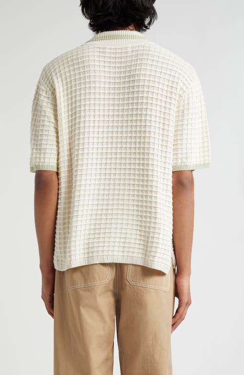 Shop The Elder Statesman Scally Waffle Knit Polo Sweater In Ivory/wasabi