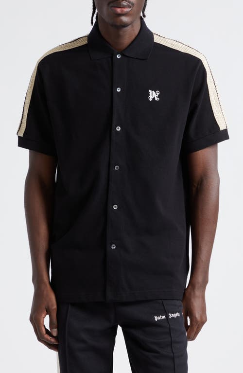 Monogram Track Short Sleeve Knit Button-Up Shirt in Black Off White