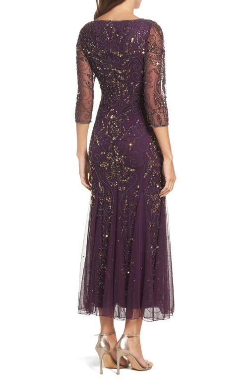 Shop Pisarro Nights Illusion Sleeve Beaded A-line Gown In Plum