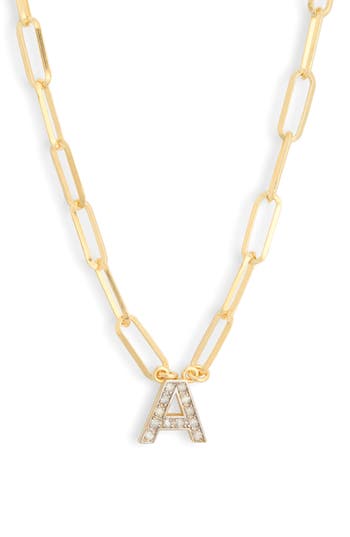Meshmerise Diamond Initial Charm Paper Clip Chain Necklace In Yellow-a