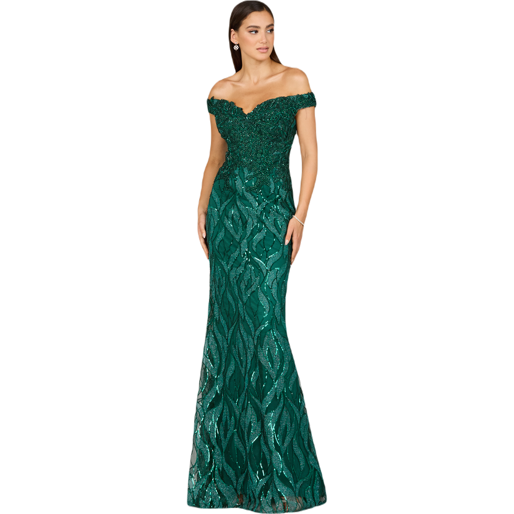Lara New York Off Shoulder, Mermaid Lace Gown In Green