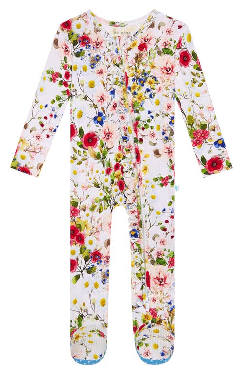 Posh Peanut Barbara Floral Ruffle Footie in Open White at Nordstrom, Size 6-9M