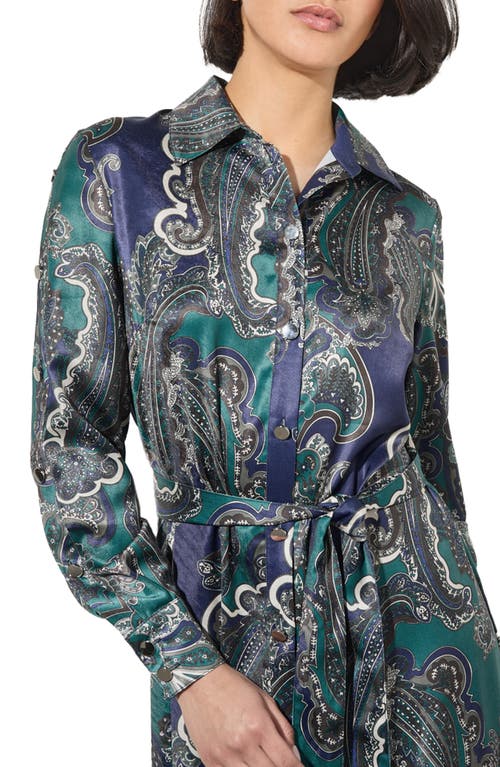 Ming Wang Paisley Print Tie Belt Long Sleeve Charmeuse Midi Shirtdress In Forest Multi