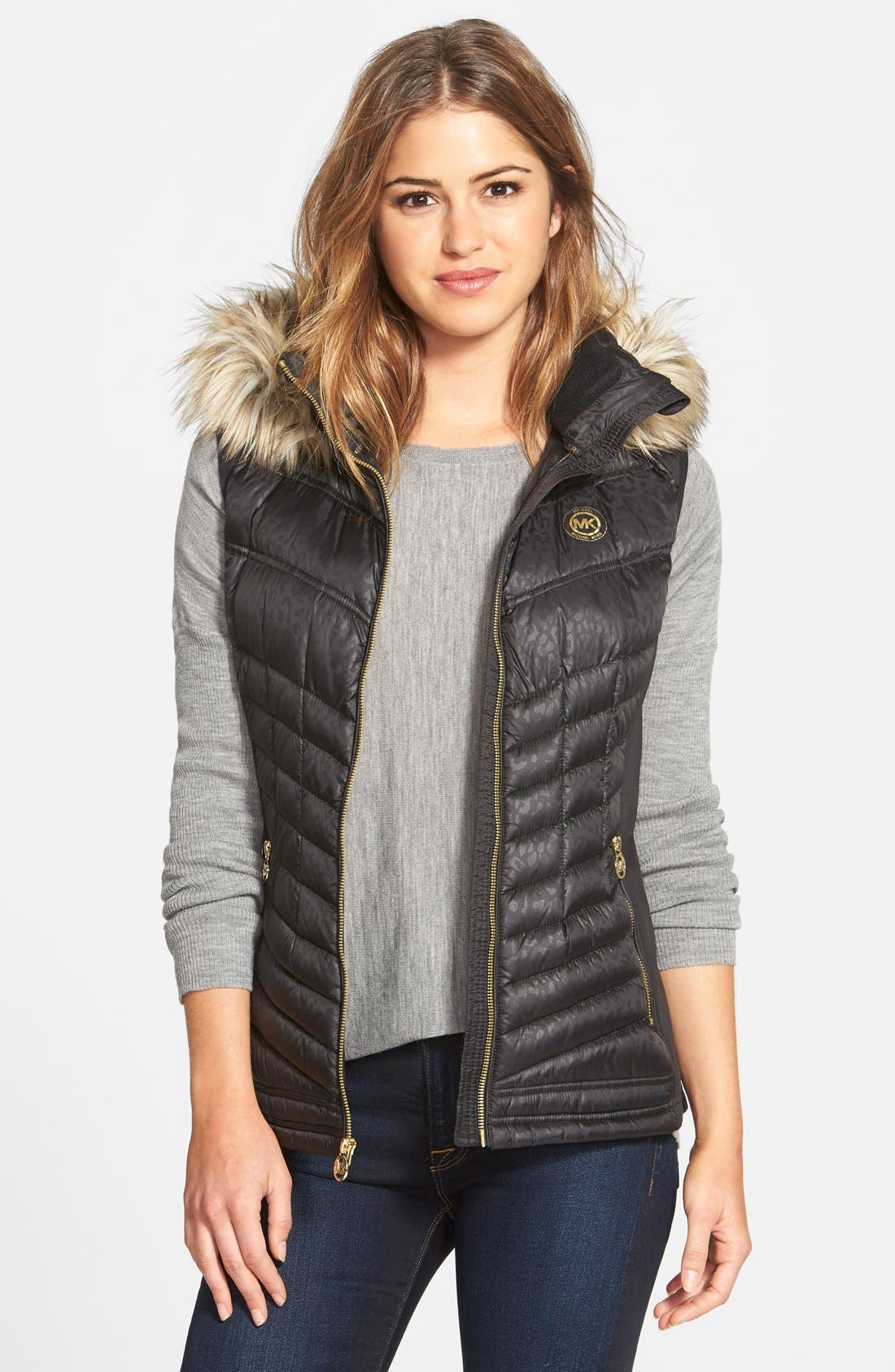 MICHAEL Michael Kors Embossed Down Vest with Detachable Faux Fur Trim Hood (Regular & Petite