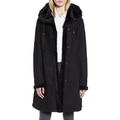 Hiso Genuine Shearling Lined Hooded Coat, Black