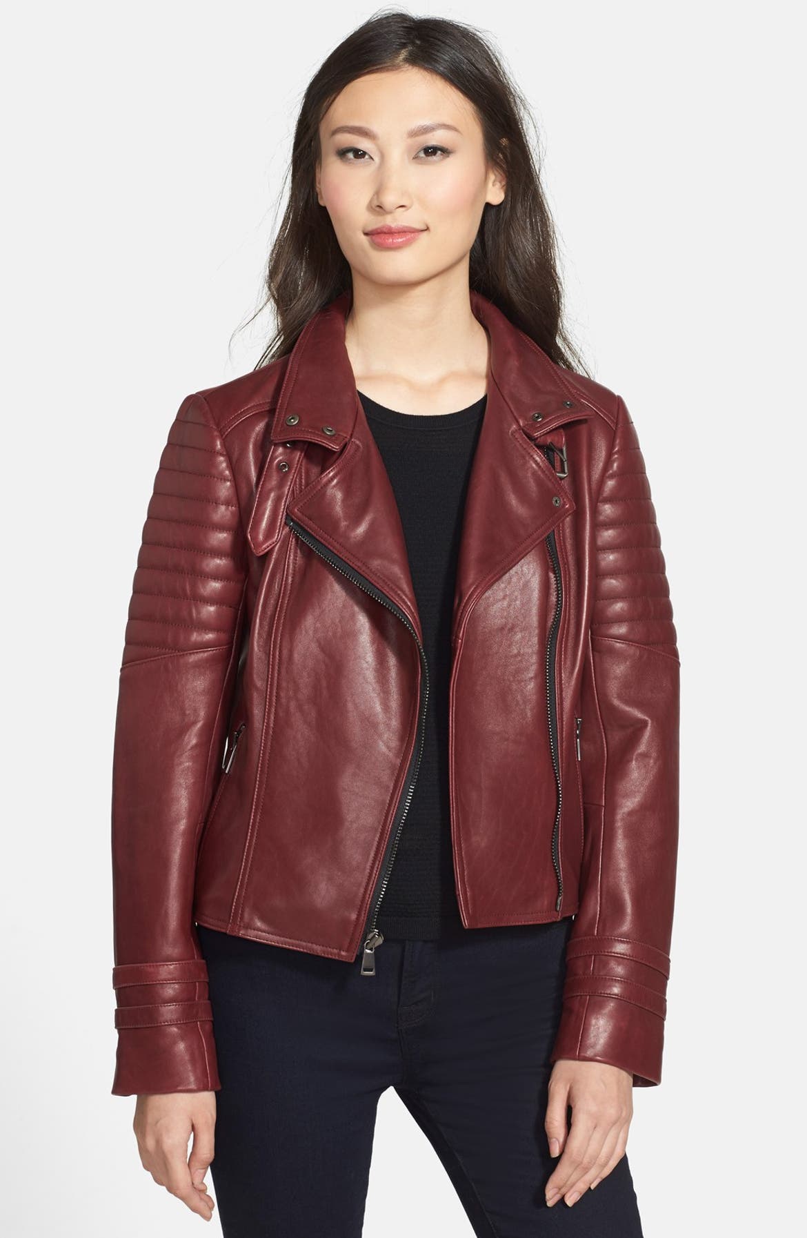 Nicole Miller Asymmetrical Lambskin Leather Moto Jacket | Nordstrom