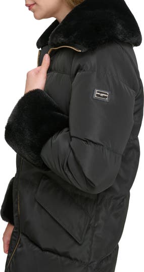 Down & Feather Puffer Coat with Faux Fur Trim