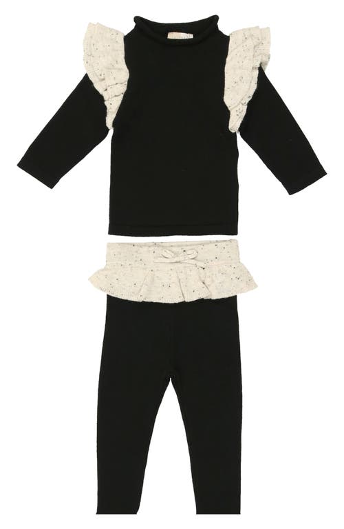 Shop Maniere Manière Flecked Ruffle Long Sleeve Cotton Blend Top & Leggings Set In Black/white