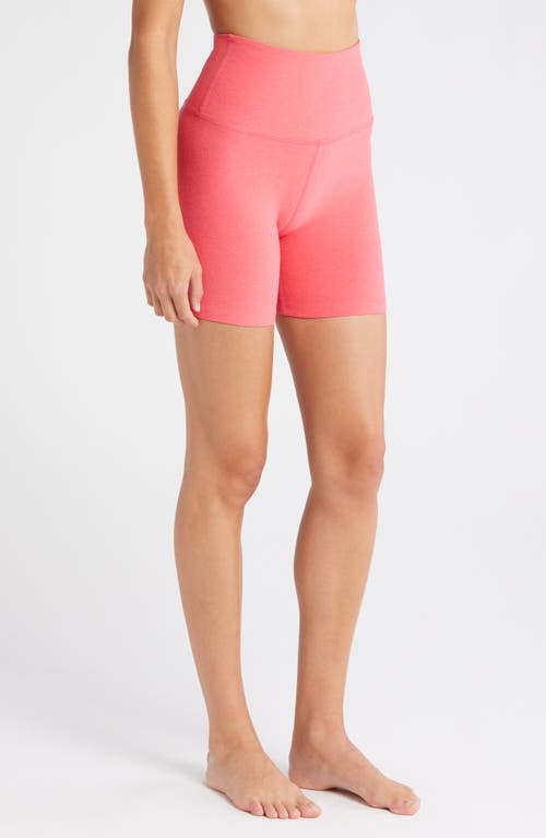 Shop Beyond Yoga Keep Pace Space Dye Bike Shorts In Coral Glow Heather