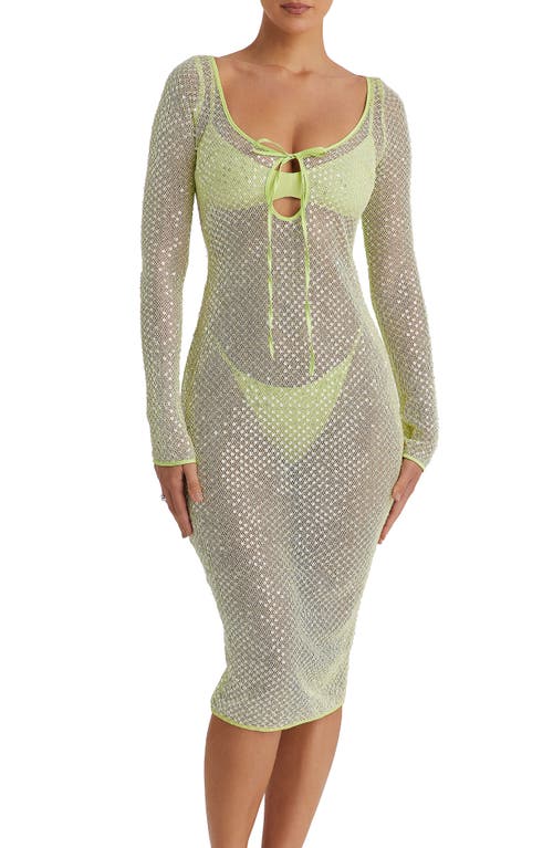 Mistress Rocks Long Sleeve Sequin Mesh Midi Dress, Bra & Panties Set In Lime