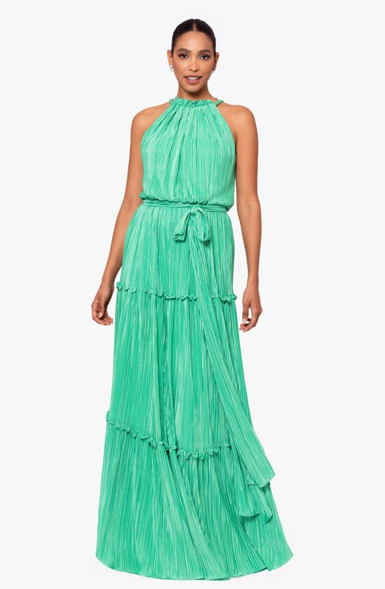 Shop Betsy & Adam Plissé Tie Waist Tiered Gown In Green