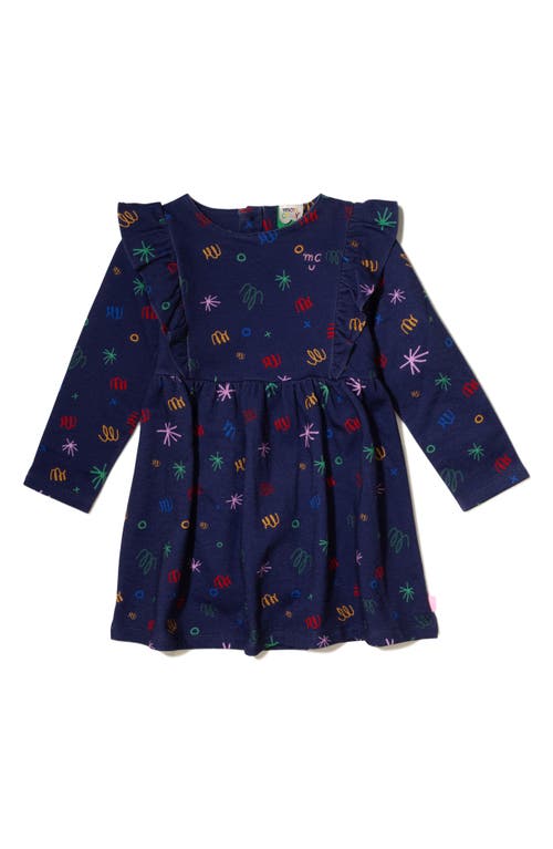 Shop Mon Coeur Kids' Squiggle Print Long Sleeve Ruffle Dress In Navy/confetti