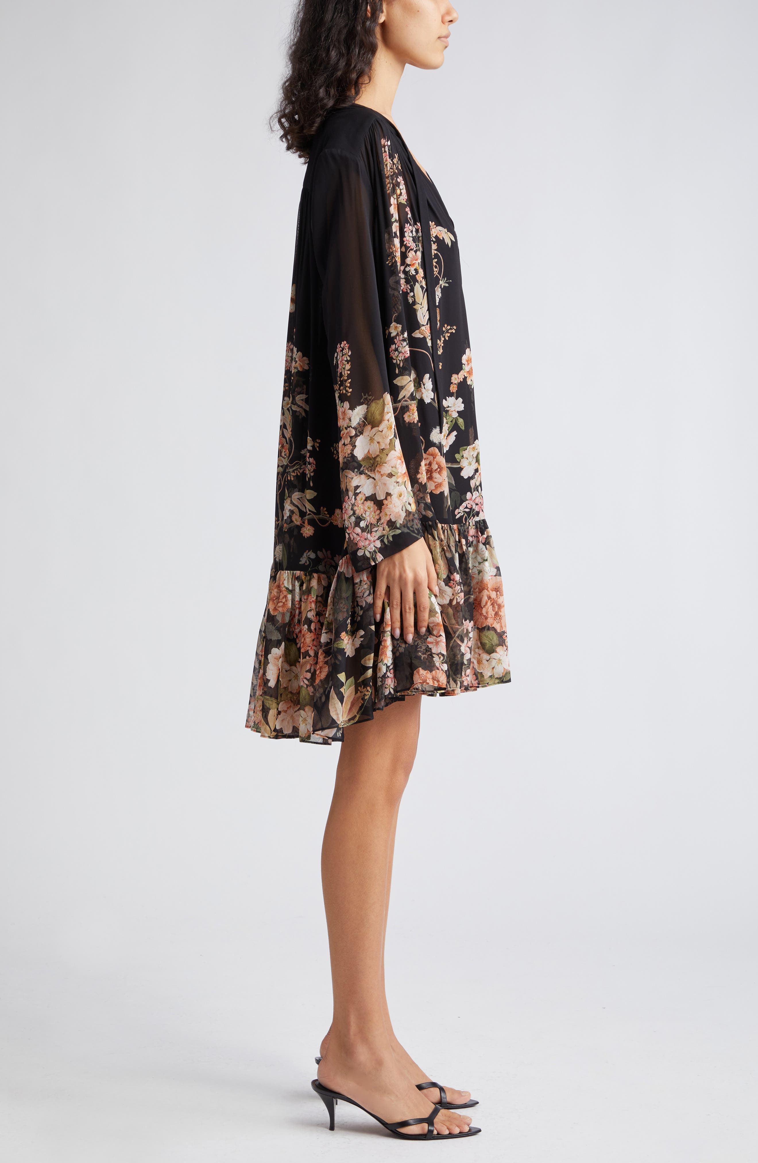 Zimmermann Natura Floral Print Long Sleeve Tiered Minidress in Coral Garden  Black | Smart Closet
