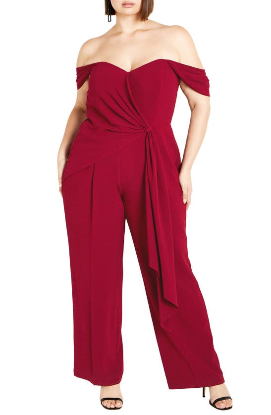 City Chic Gabriela Off The Shoulder Jumpsuit In Currant