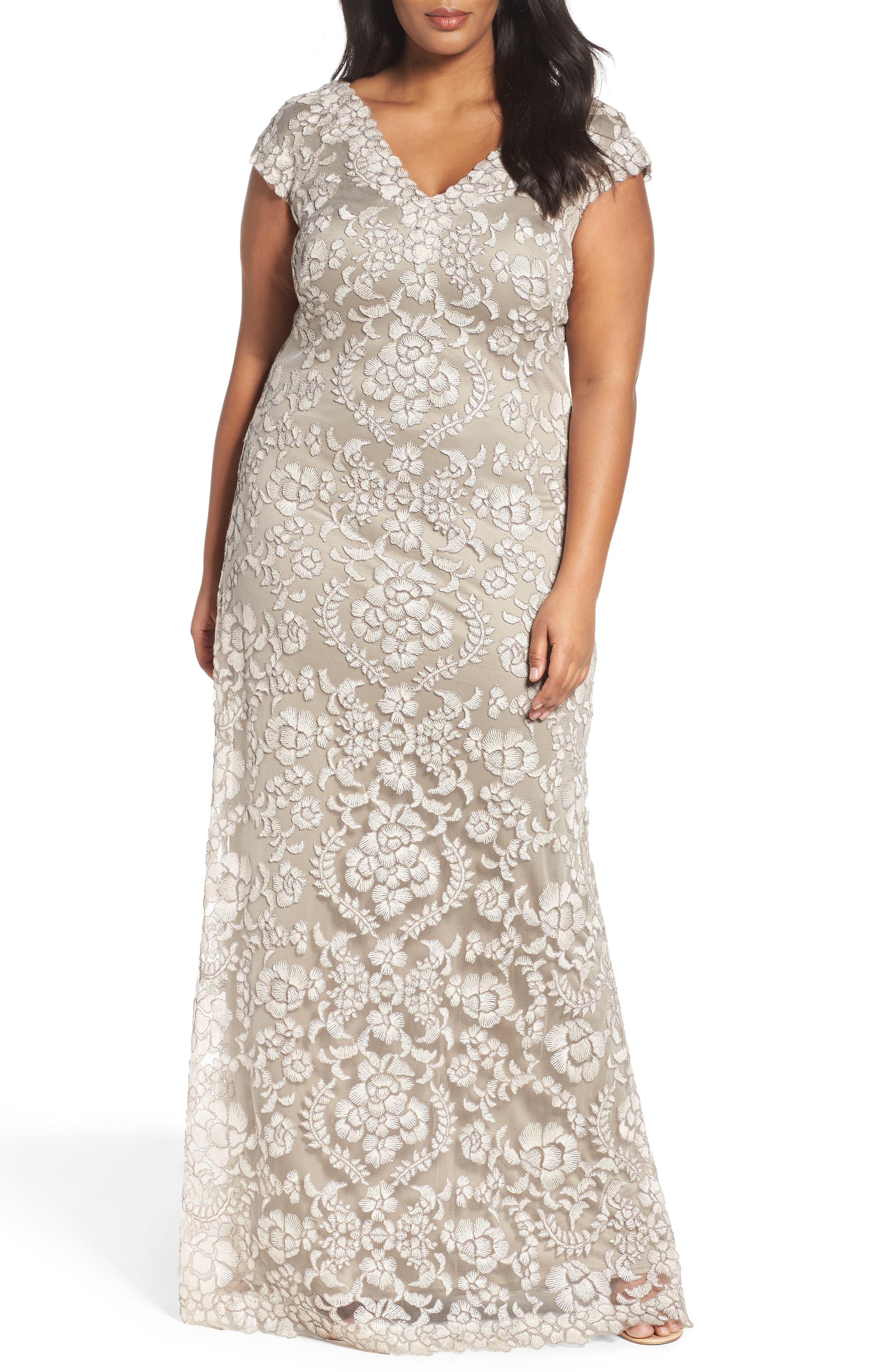tadashi shoji rose embroidered lace gown