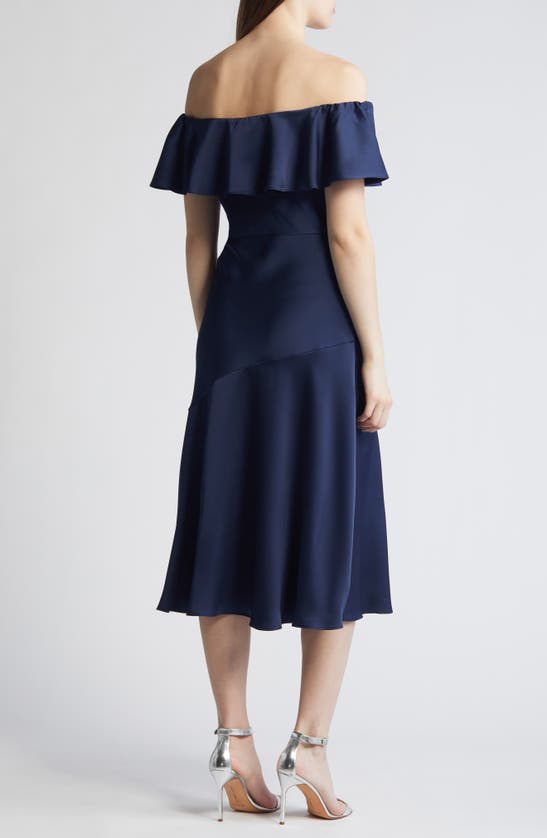 Sam Edelman Off The Shoulder A-line Satin Midi In Navy