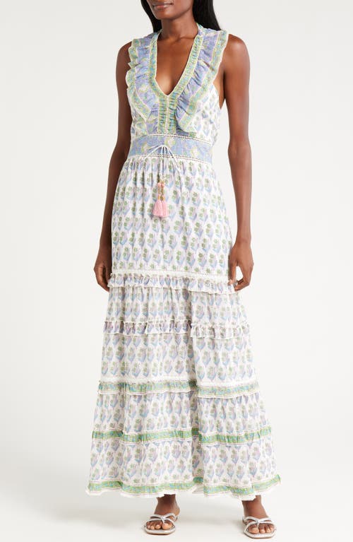 ALICIA BELL Harper Floral Ruffle Neck Tiered Cotton & Silk Maxi Dress Green at Nordstrom,
