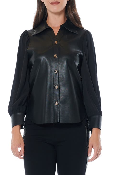 Faux Leather Chiffon Sleeve Button-Up Blouse