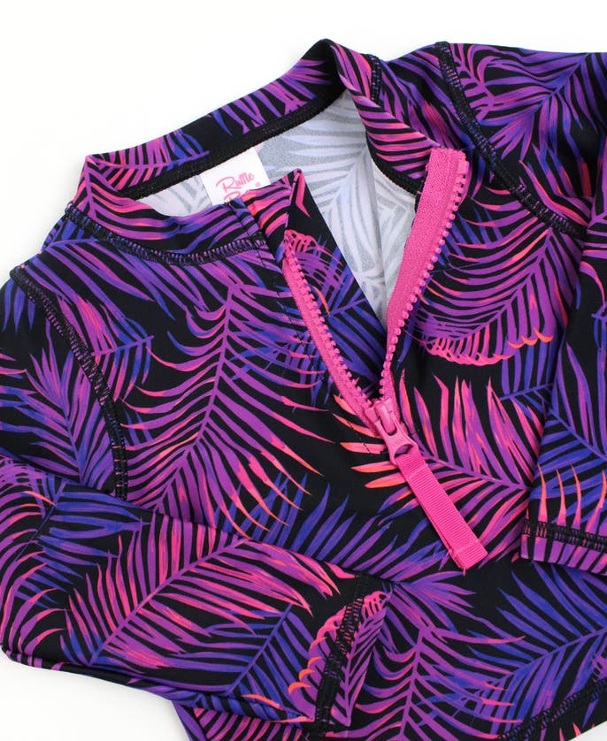 RUFFLEBUTTS RUFFLEBUTTS GIRLS UPF50+ LONG SLEEVE ZIPPER RASH GUARD 2-PIECE