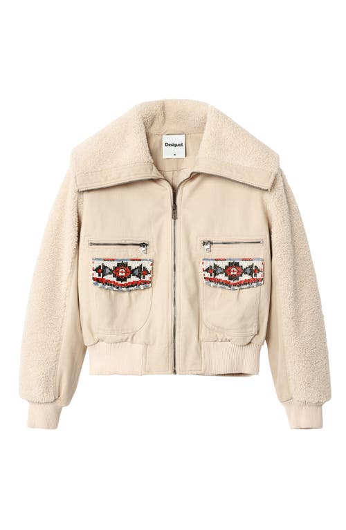 Desigual Chaq Roma Faux Shearling Crop Bomber Jacket In White