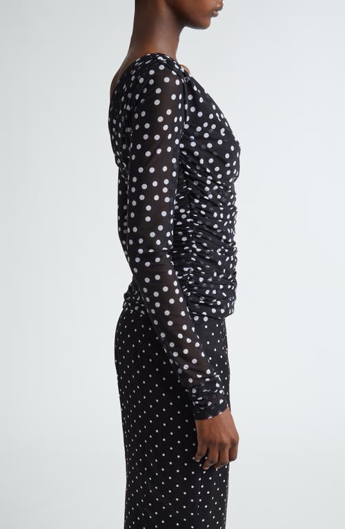 Dolce & Gabbana Ruched Wrap-effect Printed Polka-dot Tulle Blouse In Nero Dot Bianco