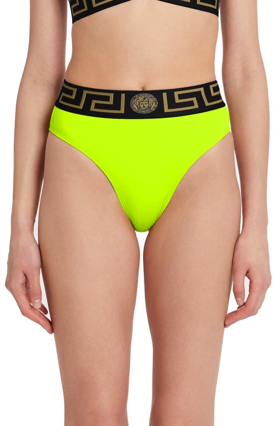 Versace Greca High-wasted Bikini Bottoms In Acid Yellow & Nero