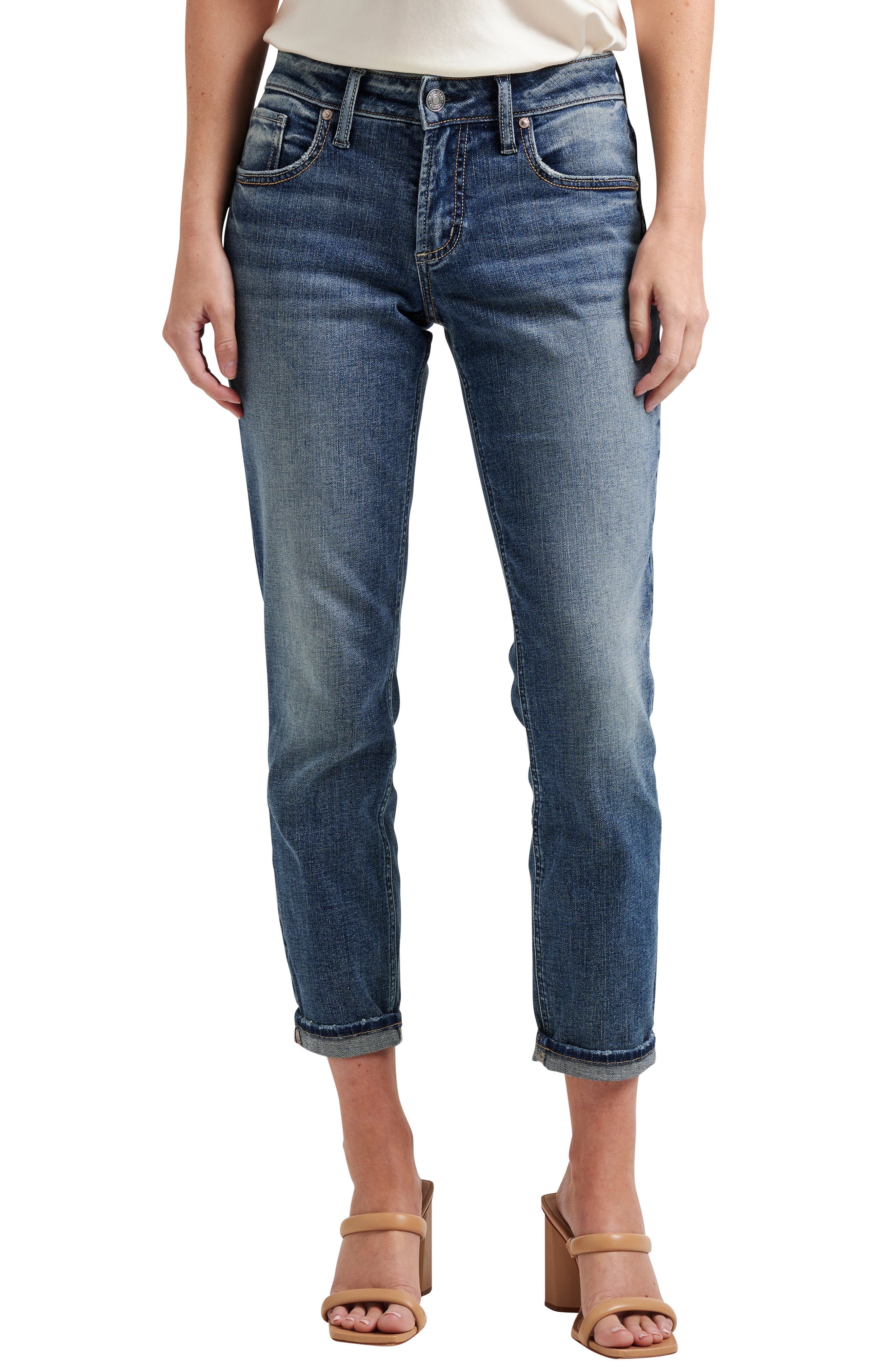 Cotton Denim Mid Rise Knee Line Jeans