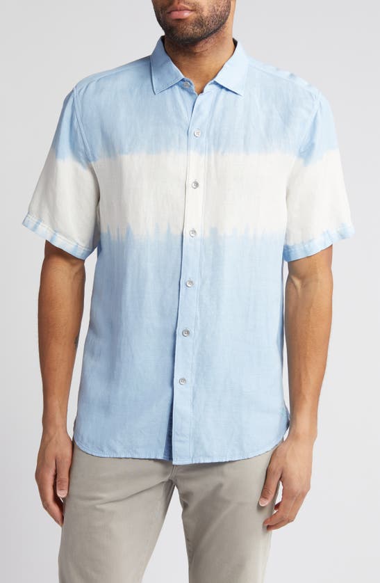 Shop Tommy Bahama Tie Dye One On Short Sleeve Linen Blend Button-up Shirt In Chambray Blue