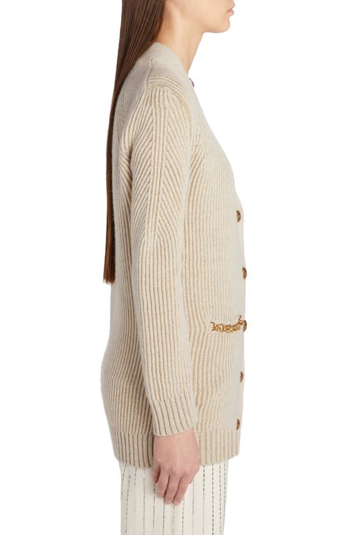 Shop Golden Goose Chain Detail Wool Blend Rib Cardigan In Lambs Wool/gold