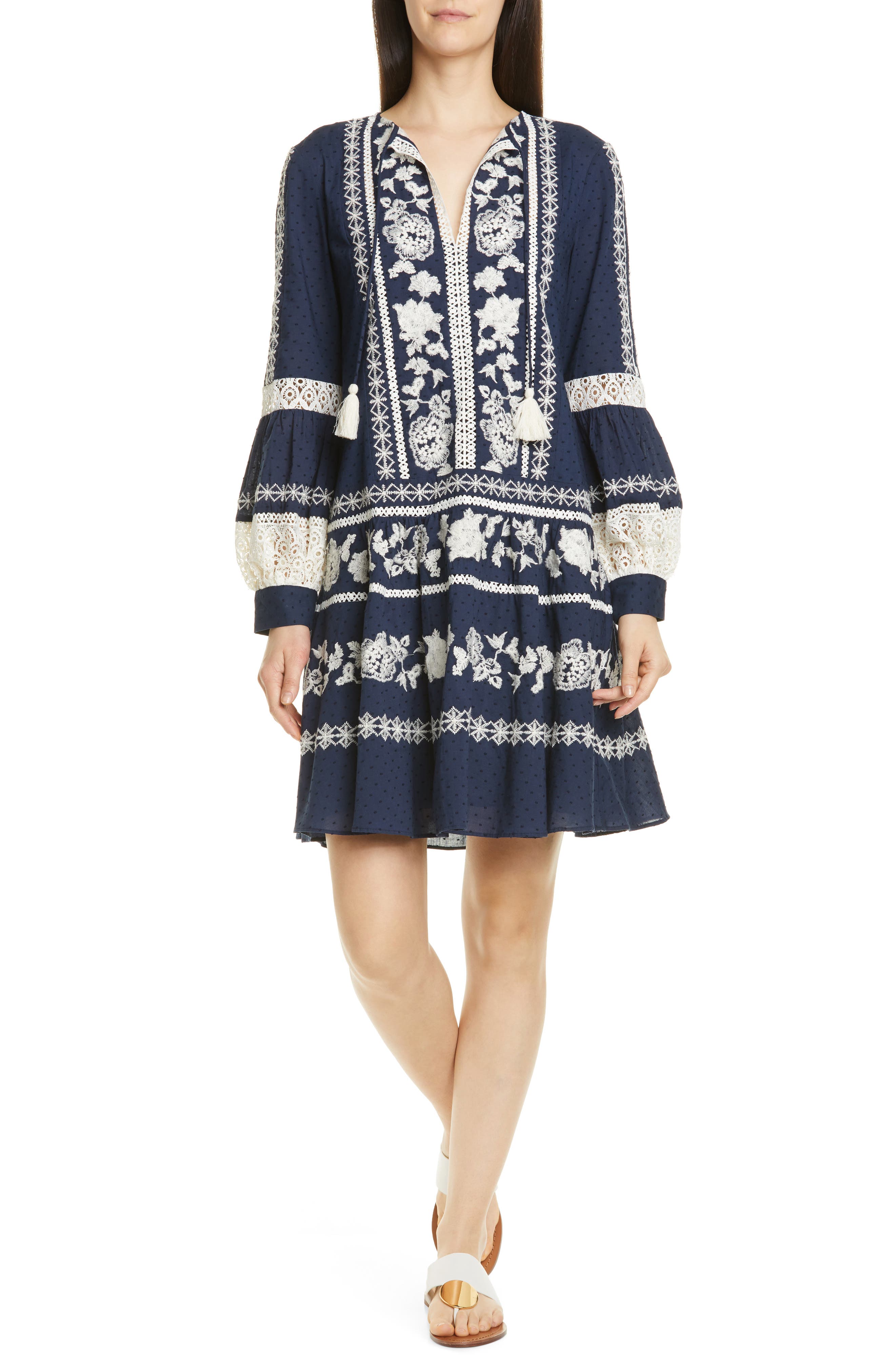 Tory Burch Long Sleeve Boho Dress, Blue