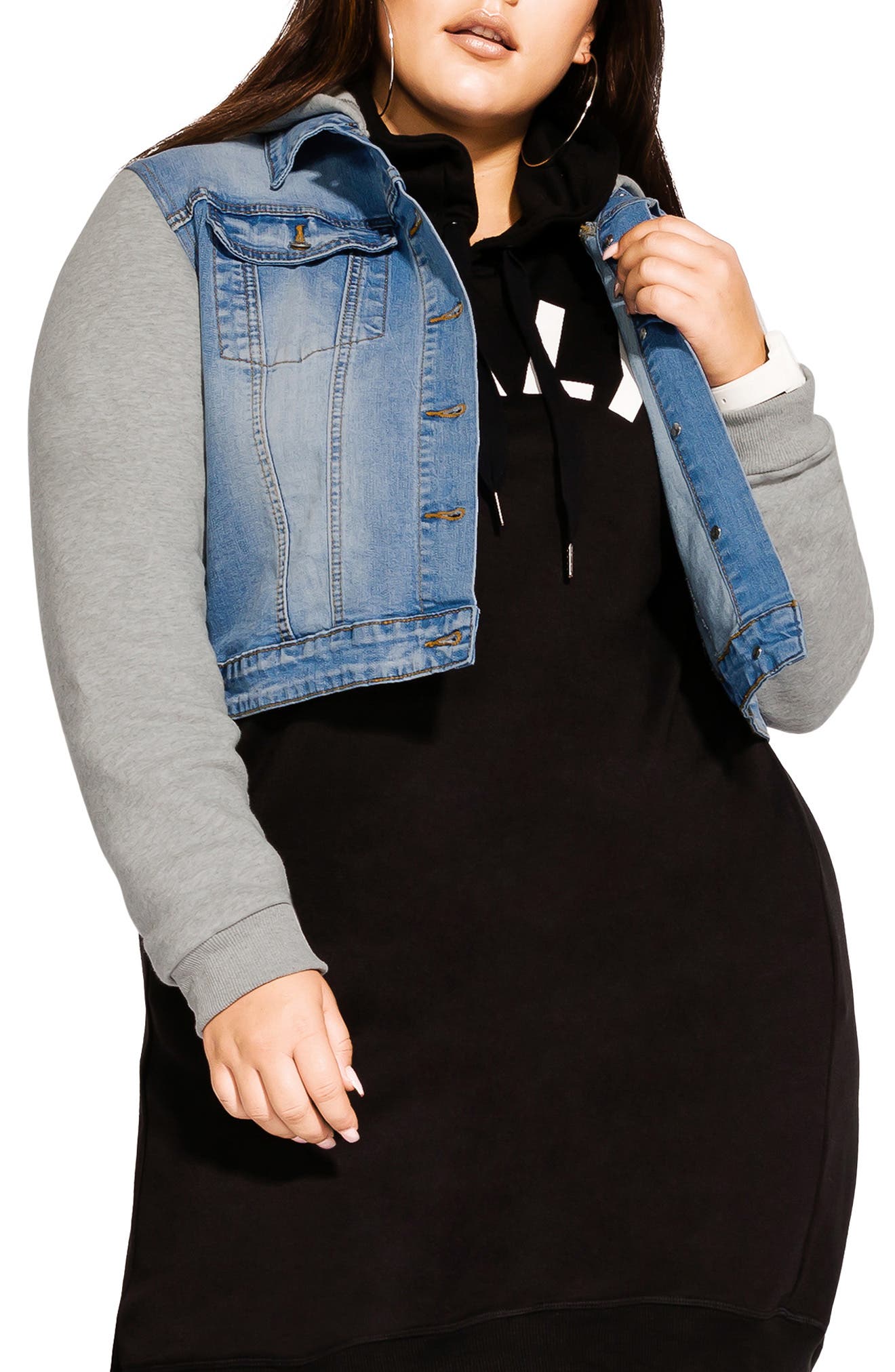 City Chic Hooded Knit Sleeve Denim 