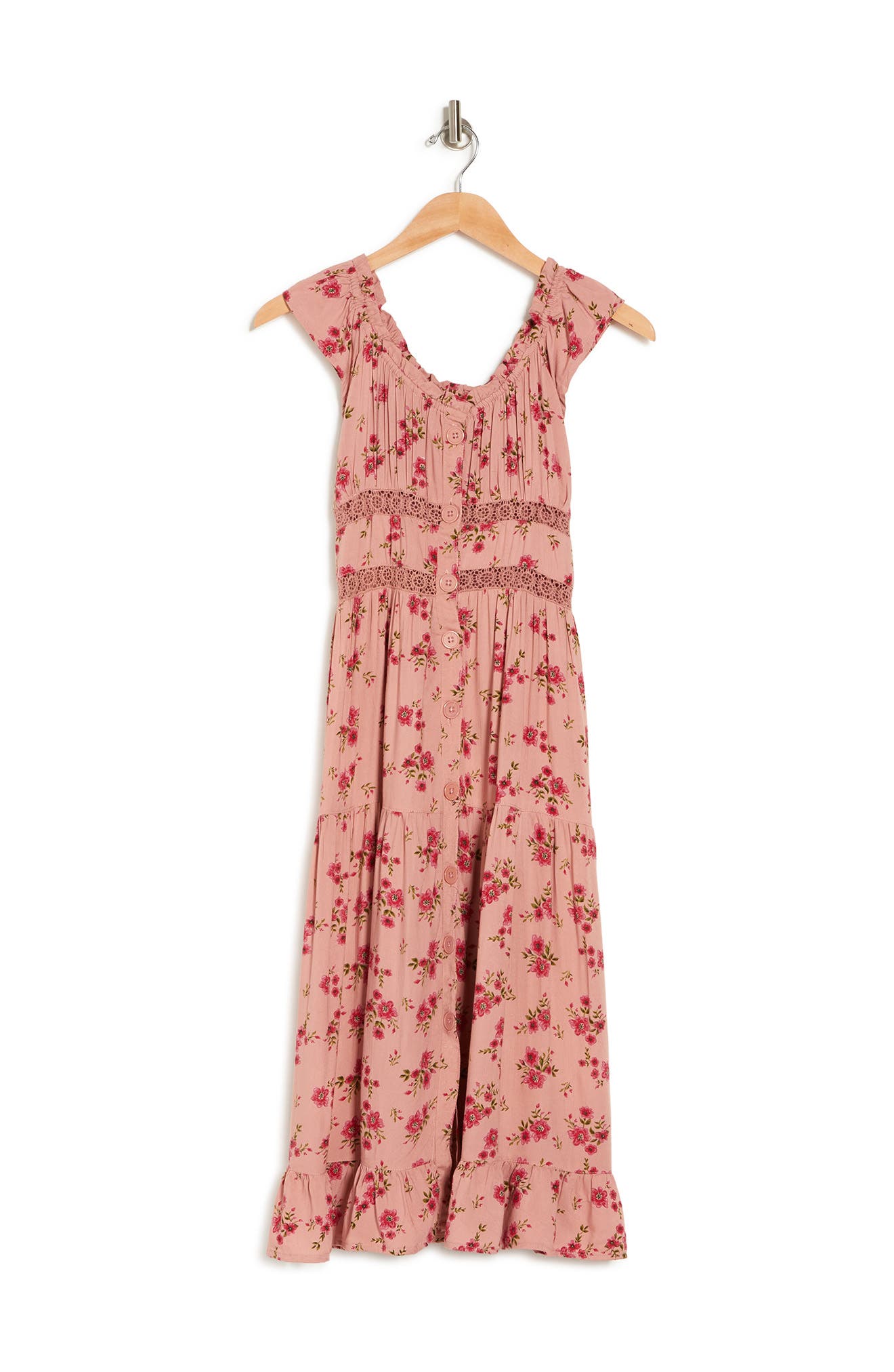 Angie Floral Tiered Crochet Trim Dress In Retro Pink