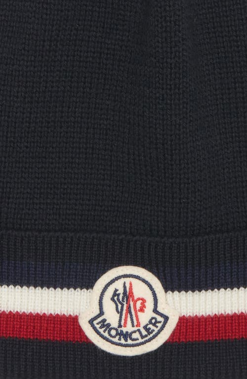 Shop Moncler Tricolor Stripe Ribbed Wool Beanie In Navy Blue