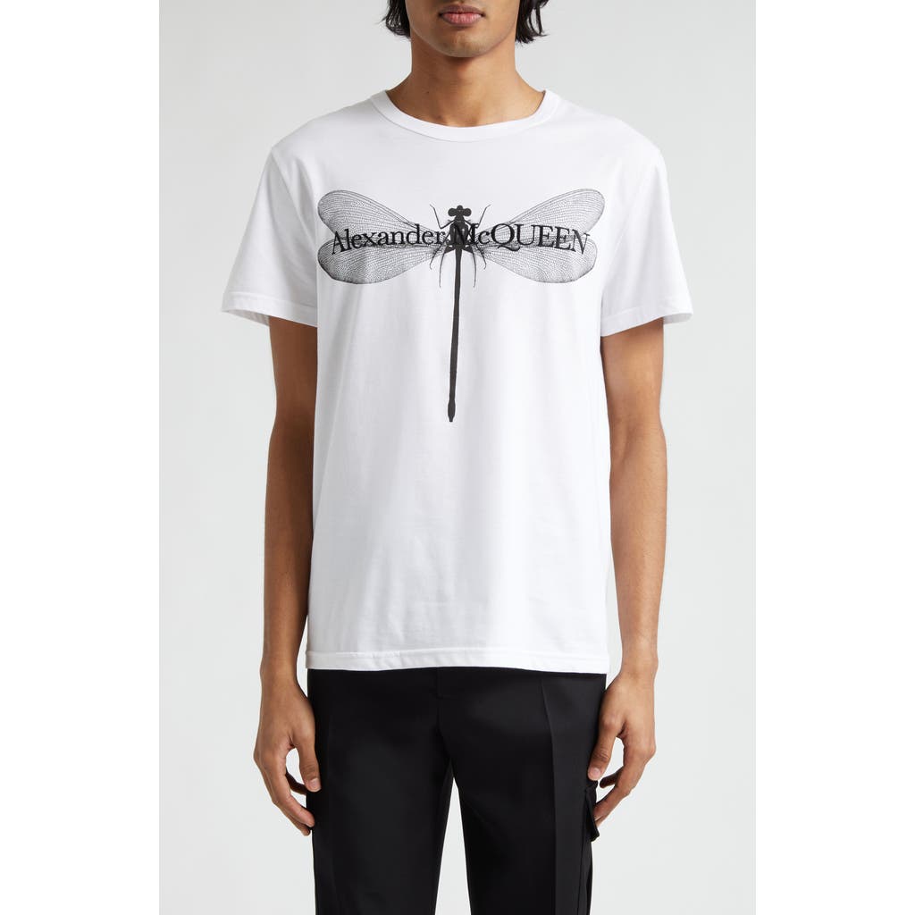 Alexander Mcqueen Dragonfly Embroidered Cotton Graphic T-shirt In White/black