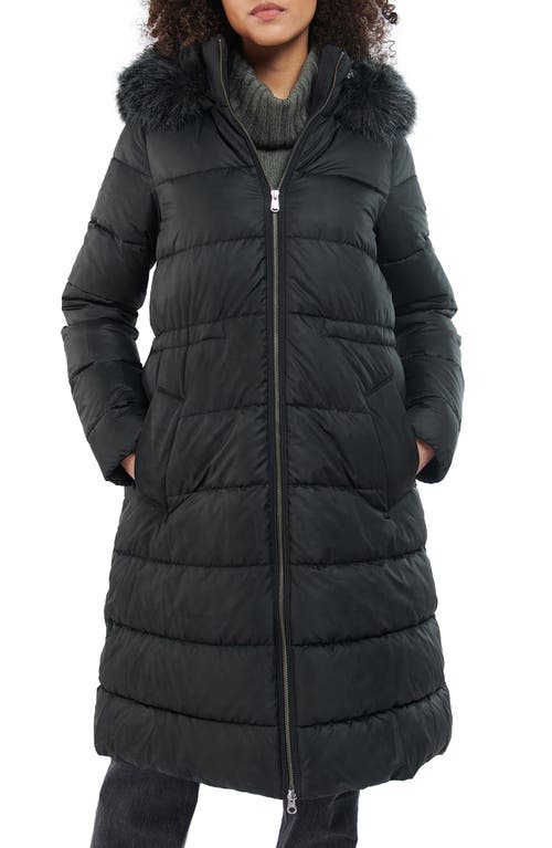 Barbour Francesca Quilted Hooded Puffer Coat with Faux Fur Trim in Black/Mono Tartan