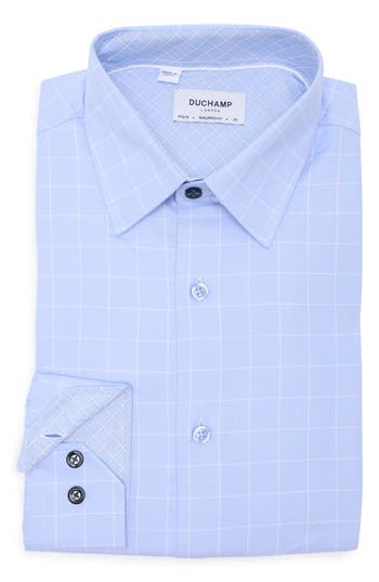 Duchamp Tailored Fit Cotton Windowpane Dress Shirt In Blue