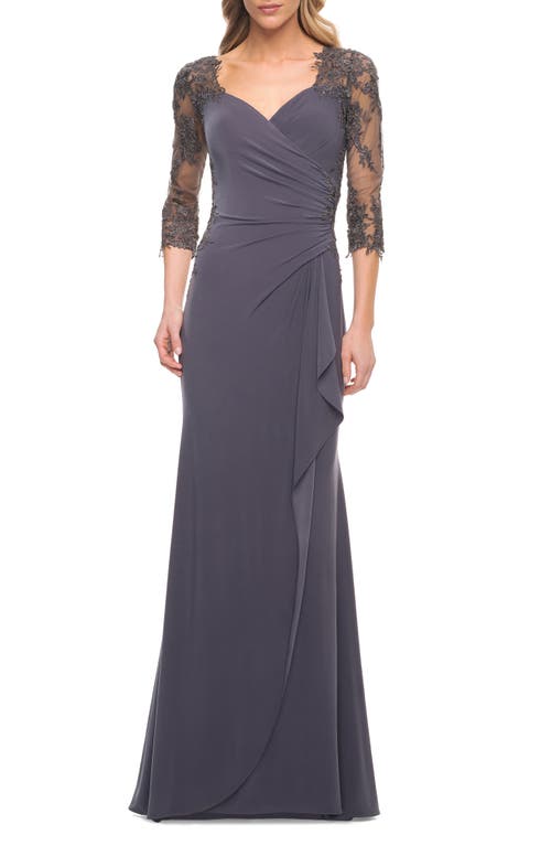 La Femme Floral Embroidered Sleeve Ruched Net Jersey Gown in Gunmetal