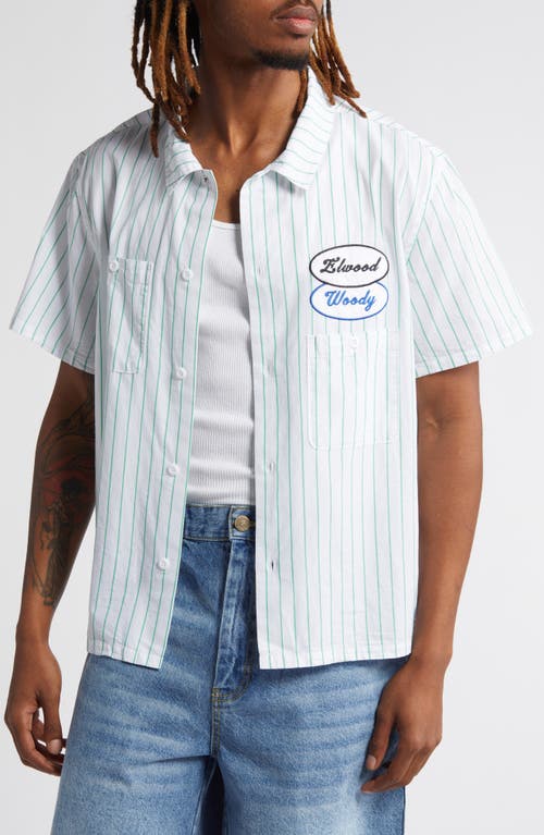 Pinstripe Short Sleeve Button-Up Work Shirt in White/Kelly Green